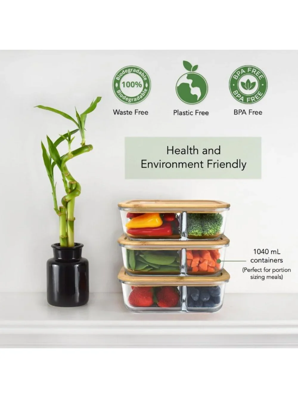 Eco-Friendly Glass Meal Prep Containers Set | 3-Pack Bento Box with Bamboo Lids